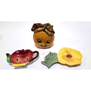 Set of Vintage Anthropomorphic Fruit Kitchen Napkin Tea Bag Spoon Rest Cottage